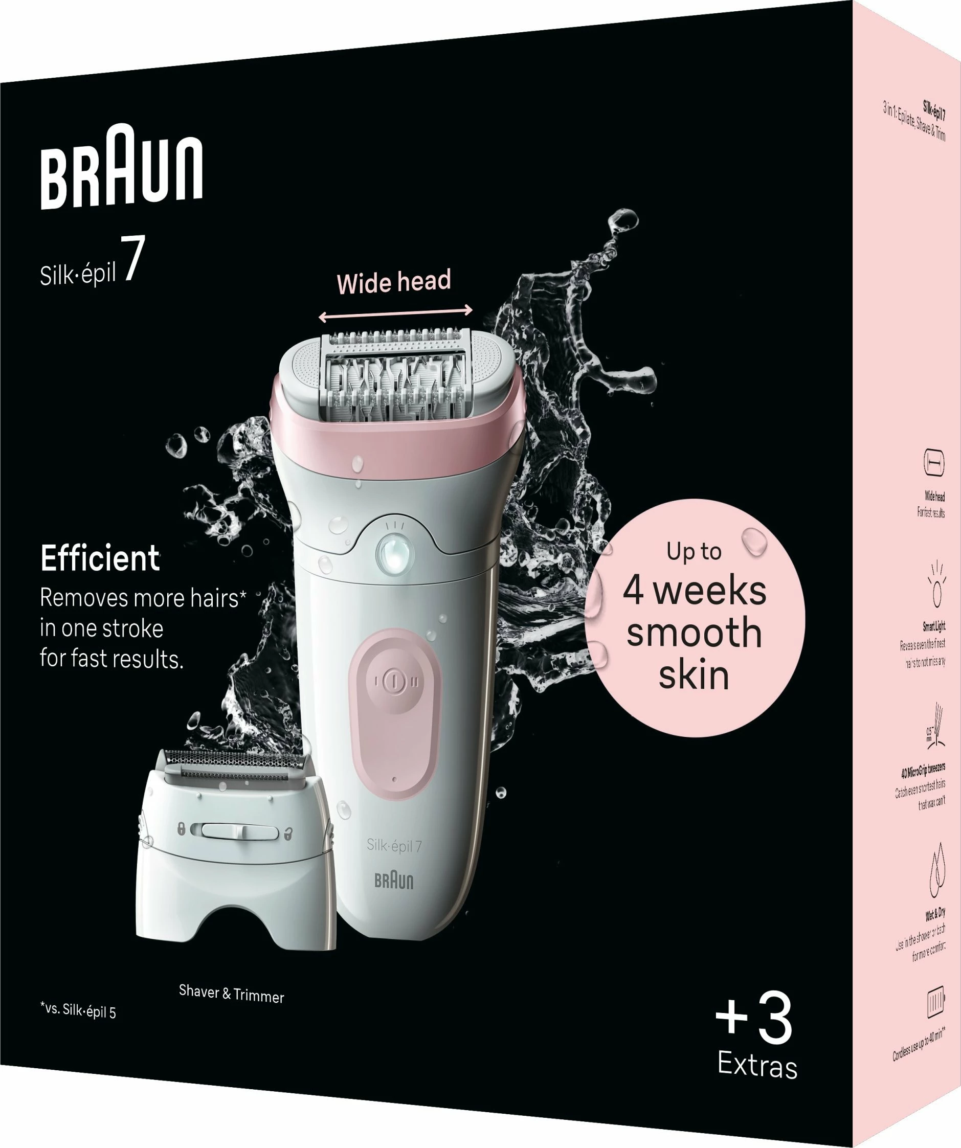 Epilator Braun Silk-epil 7 7-030, bateri 40 min, Wet & Dry, MicroGrip, 2 shpejtësi, bardhë/rozë