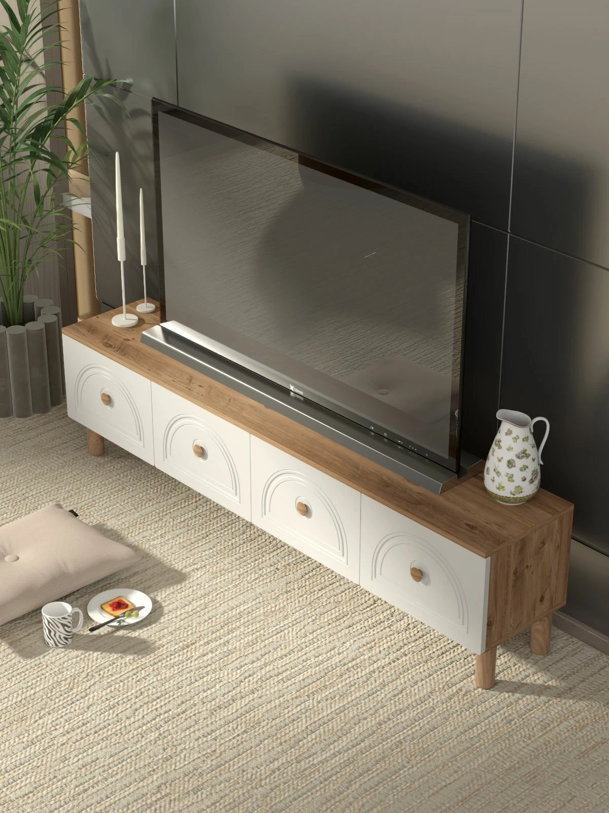 Komodë TV Skye Decor, ngjyrë Atlantic Pine dhe e bardhë, Mavora