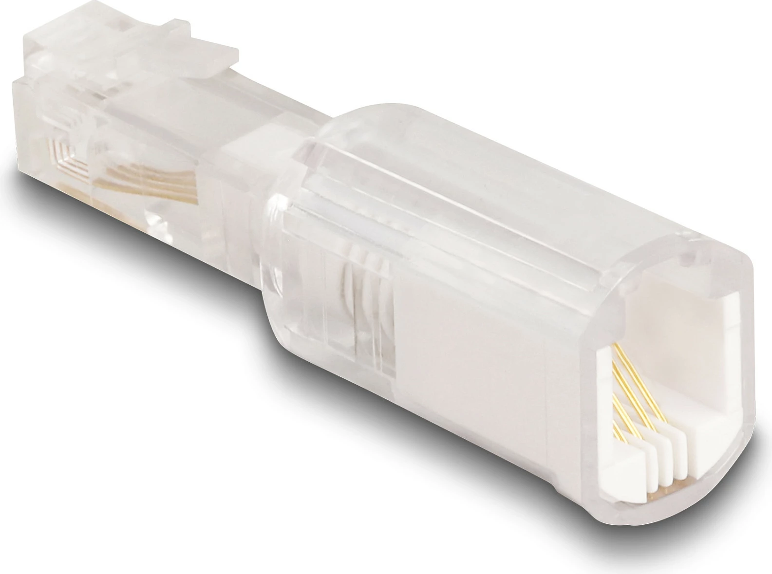 Adapter kablli telefoni DeLOCK RJ10 mashkull në RJ10 femër, kontakte të arta, transparent/bardhë