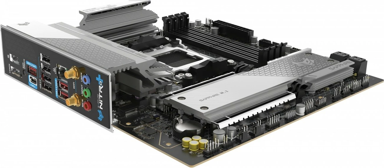 Pllakë amë, Sapphire NITRO+ B850M WIFI, AMD B850 AM5, mATX 244x244 mm, 4x DDR5 deri 256GB 8000 MHz, PCIe 5.0 x16 dhe M.2, Wi-Fi 6 dhe Bluetooth 5.3