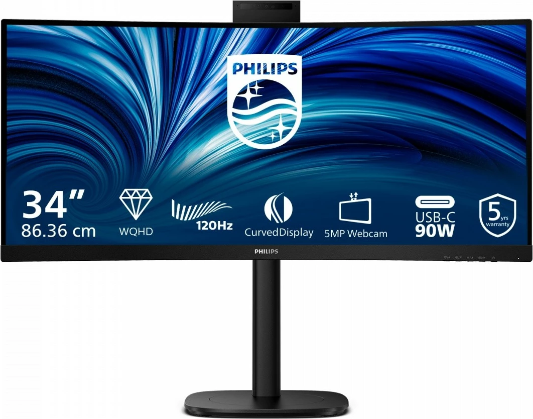 Monitor Philips 34B2U3600CH 34\" WQHD 3440x1440, VA, Curved 1500R, 120Hz, USB-C 90W, RJ45, KVM, webcam 5MP, HAS, i zi