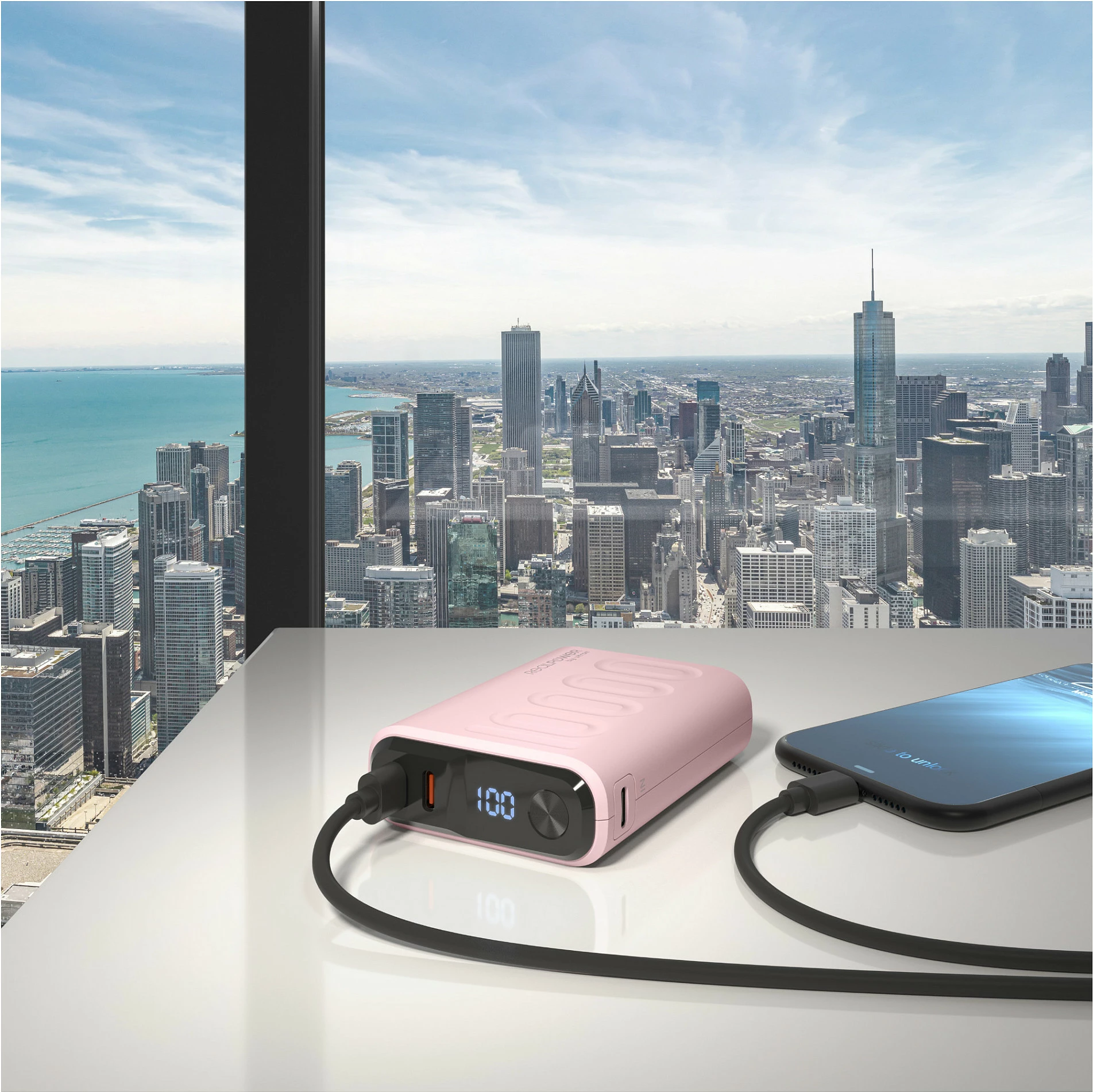 Power bank RealPower PB-10000C PD+, 10000 mAh, 3x USB-C, ekran, Rose
