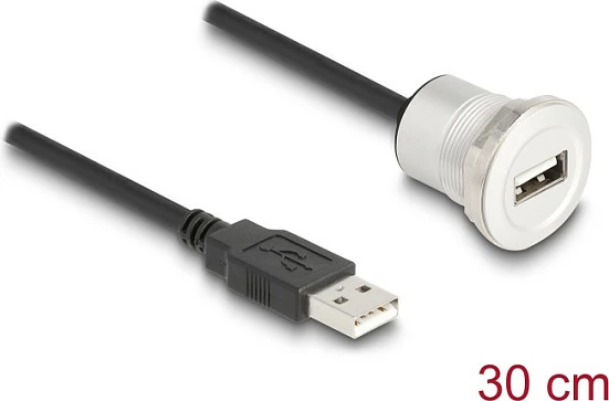 Kabllo zgjatëse USB DeLOCK 88181, USB-A mashkull në USB-A femër (panel mount), 0.3 m, USB 2.0, zi/argjendtë