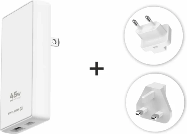 SWISSTEN KARIKUES GaN USB-C + USB-A 45W me priza të ndërrueshme (SHBA, BE, Britani e Madhe)