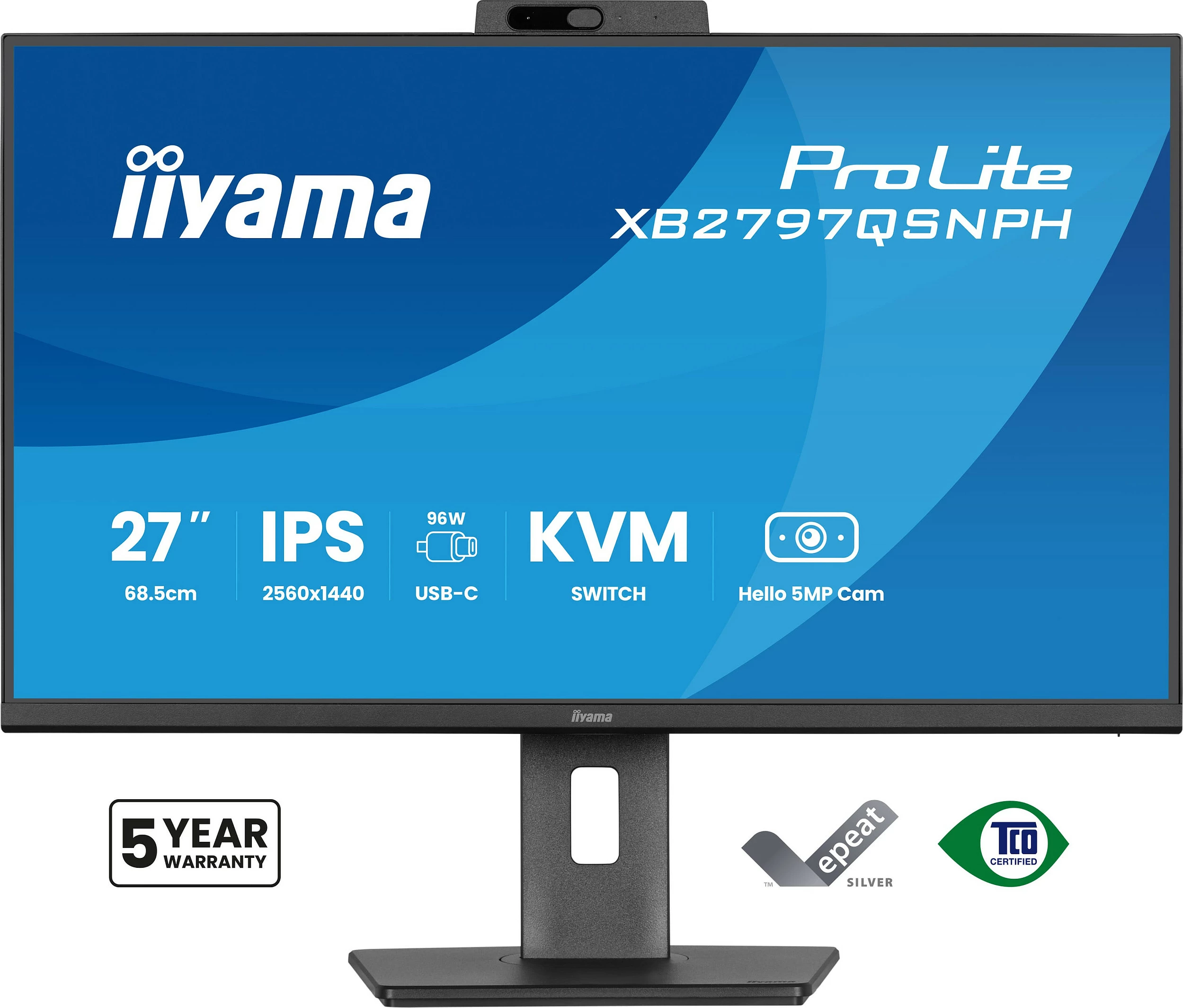 Monitor iiyama ProLite XB2797QSNPH-B1, 27" QHD IPS, 75Hz, 1ms, USB-C 96W, HDMI/DisplayPort, kamerë, i zi