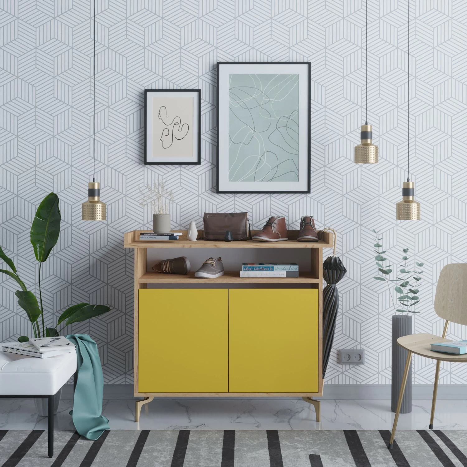 Dollap këpucësh Skye Decor, ngjyrë lis dhe e verdhë, SOLEA