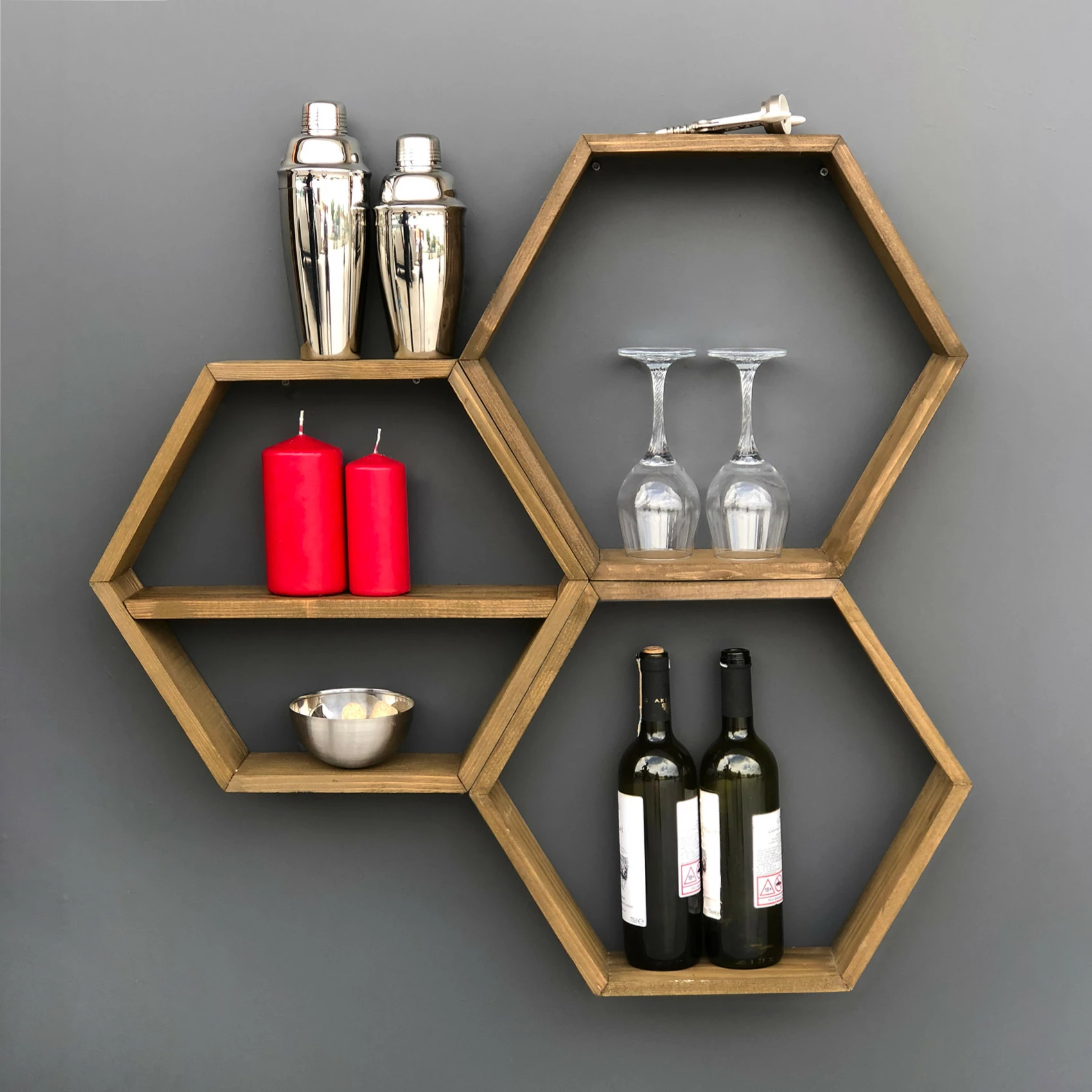 Raft muri prej druri, model hexagonal, ngjyrë arre, 3 copë, Hanah Home Hex004