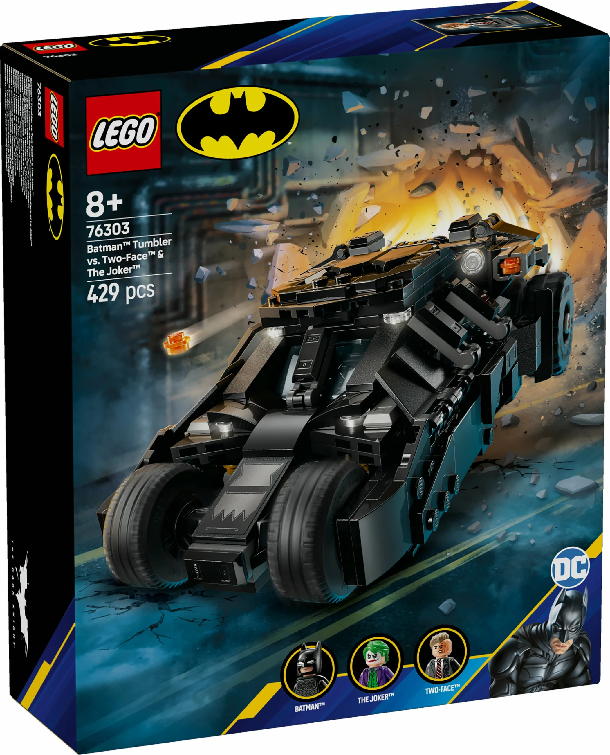 Set ndërtimi LEGO DC Super Heroes 76303 Batman Tumbler vs Two Face & Joker, 429 pjesë, multikolor