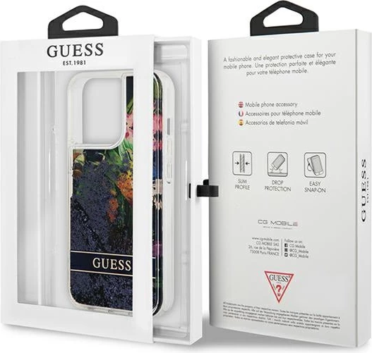 Mbështjellës Guess Flower Liquid Glitter për iPhone 13 Pro Max, Blu