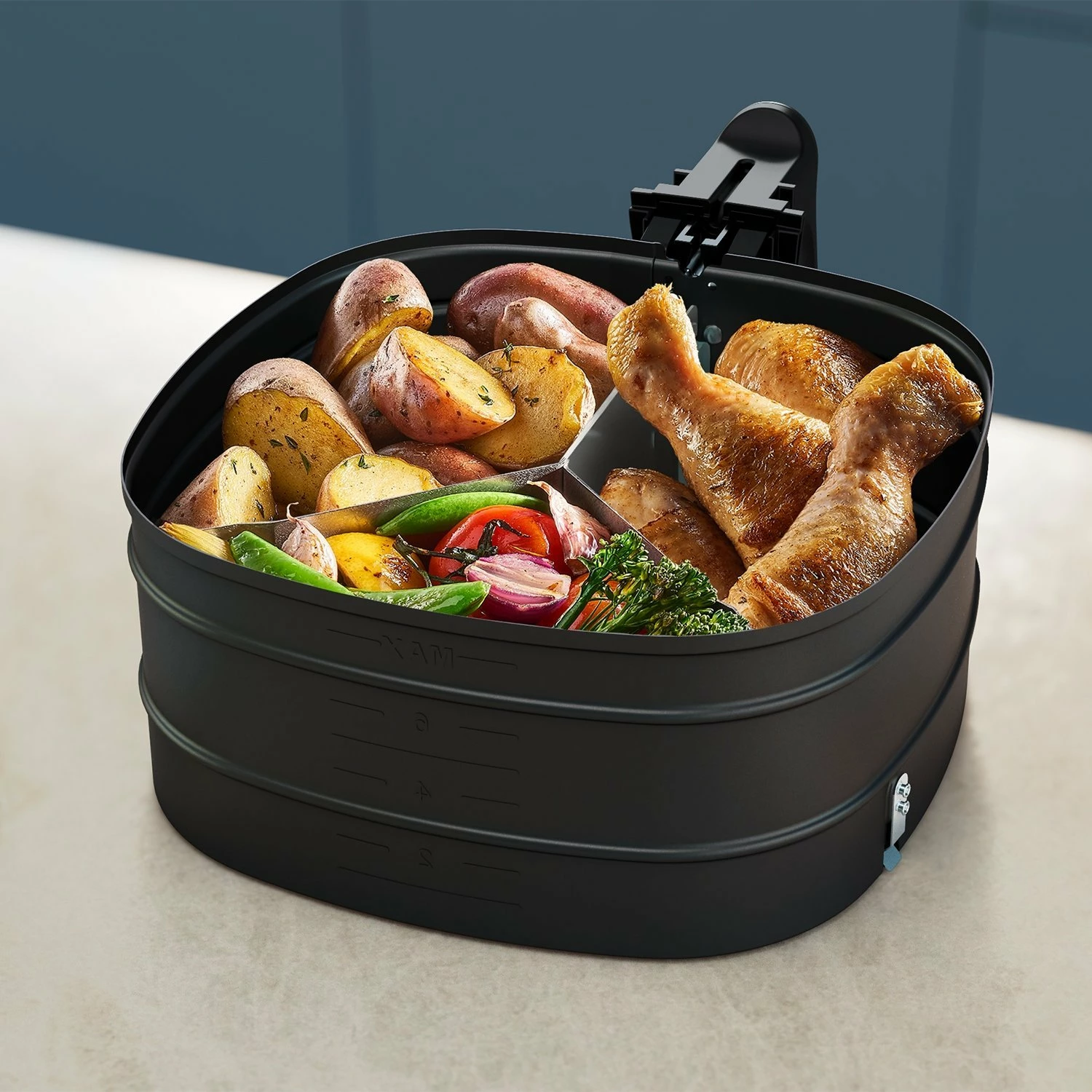 Ndarës shporte për fritëz ajri Philips HD9916/00, 3 ndarje, anti-ngjitës, i përshtatshëm për lavastovilje, gri