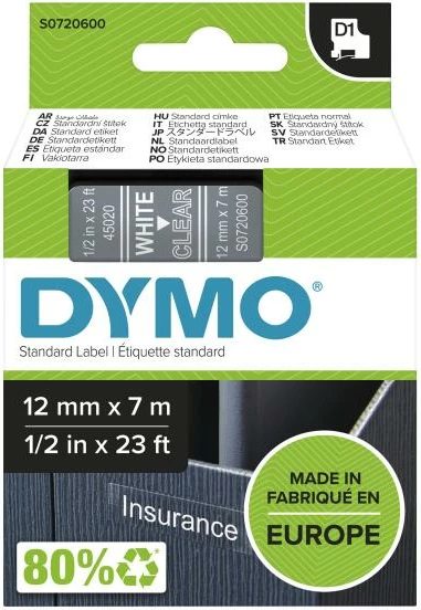 Kasetë shirit etiketues, Dymo D1 45020 (S0720600), 12 mm x 7 m, e bardhë në të tejdukshëm