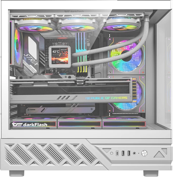 Kasë DarkFlash DS950V midi tower me ekran IPS 6\" 480×960, tempered glass, ATX/M-ATX/ITX, 6 ventilatorë 120mm, e bardhë, set 6 ventilatorë