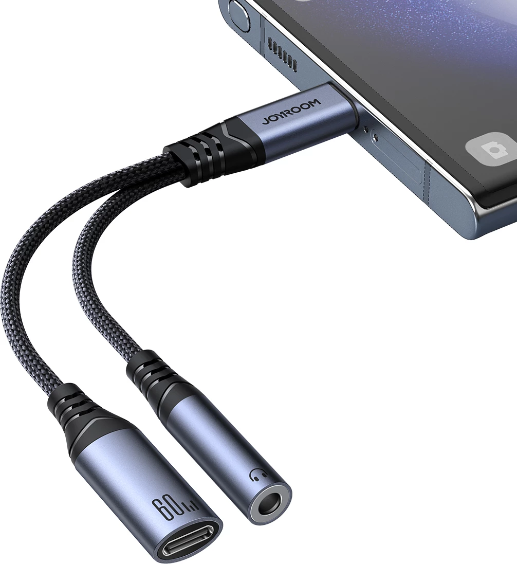 Adapter 2-në-1 Joyroom SY-C02, USB-C në USB-C/3.5mm mini jack, i zi