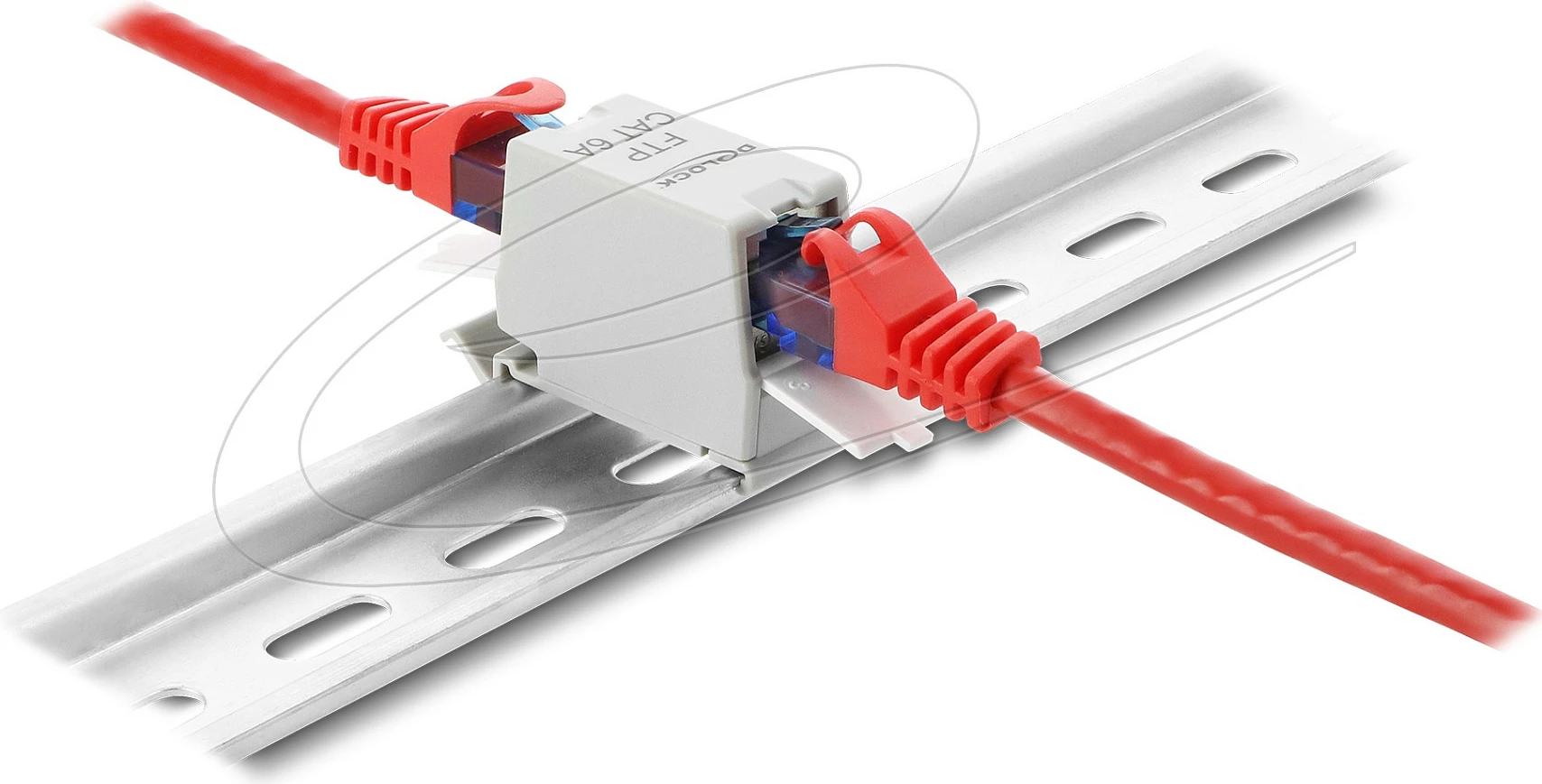 Bashkues RJ45 DeLOCK 90933, Cat6a, femër-femër, montim DIN rail, i rrafshët, bardhë/gri