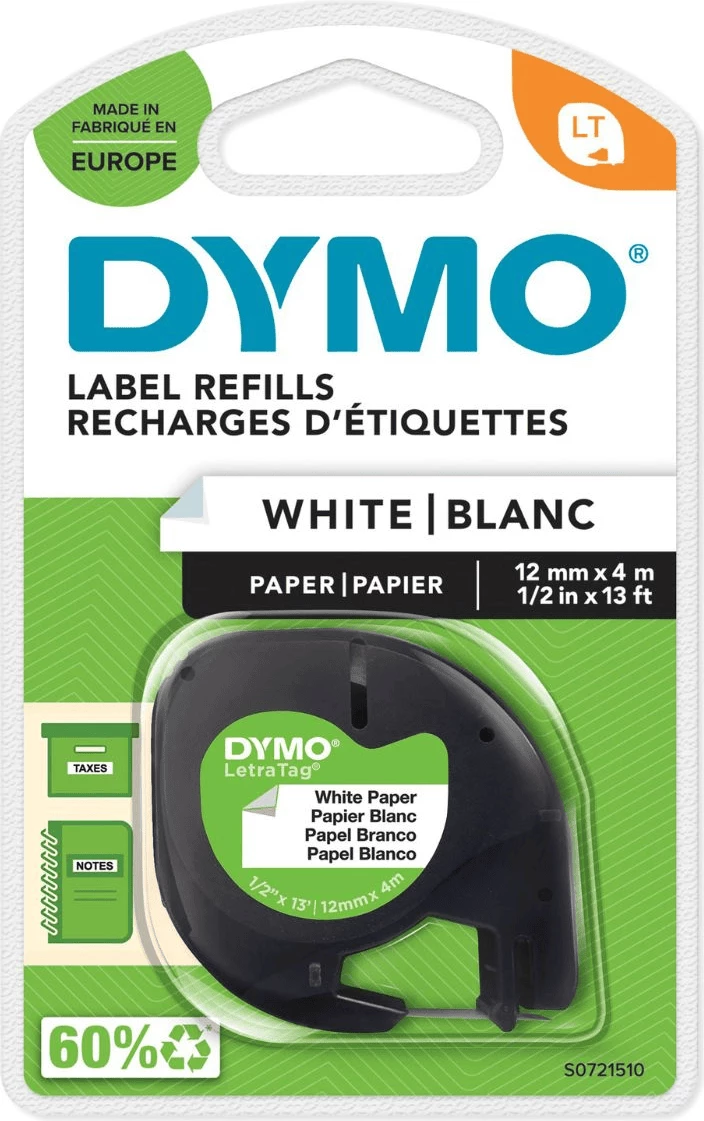 shirit etiketash, Dymo, S0721510 (72150), letër 12 mm x 4 m, i zi në të bardhë
