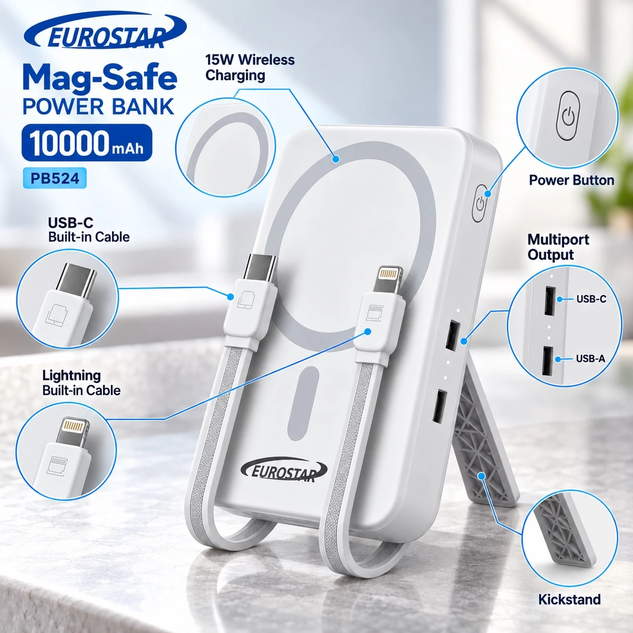 Power Bank Eurostar MagSafe 10000 mAh me Kabllo të Integruara dhe Mbajtëse 3