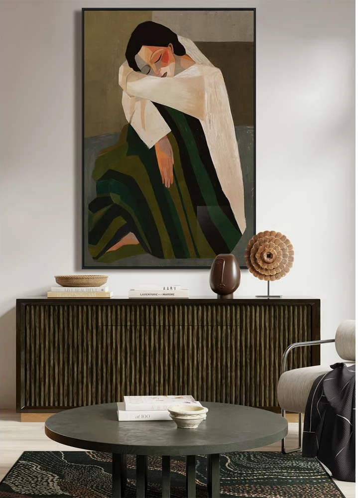 Pikturë dekorative 'Silent Reflection', me kornizë, kanavacë, kafe, bezhë, e gjelbër, 80x120x4cm