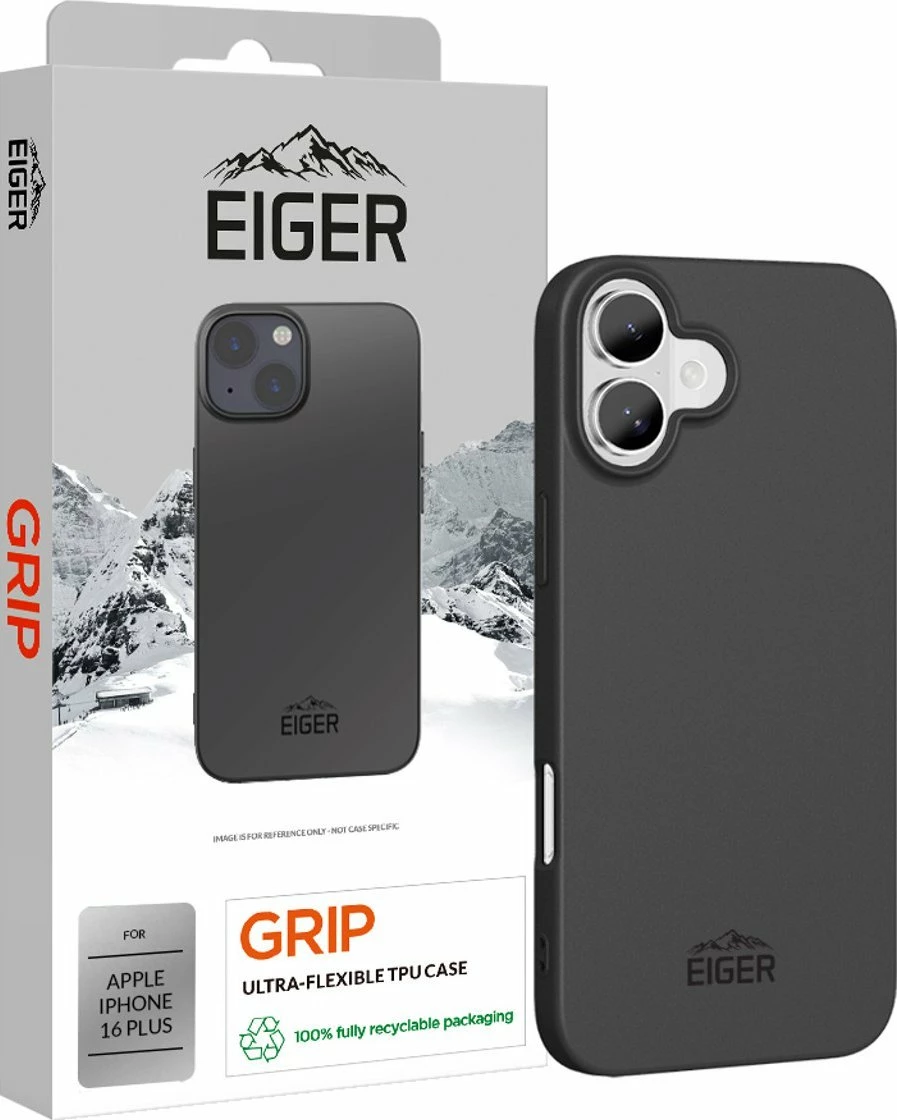Mbështjellës Eiger Grip për iPhone 16 Plus, plastikë fleksibile, pa karikim induktiv, i zi