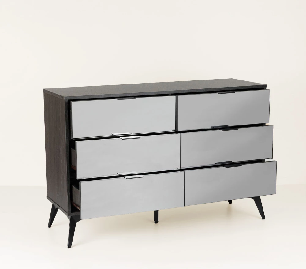 Komodë Specchio me 6 sirtarë, ngjyrë lis i zi, pasqyrë, 120x39x80