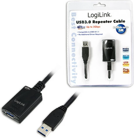 Kabllo zgjatëse USB 3.0 LogiLink, repeater, USB-A mashkull në USB-A femër, e zezë
