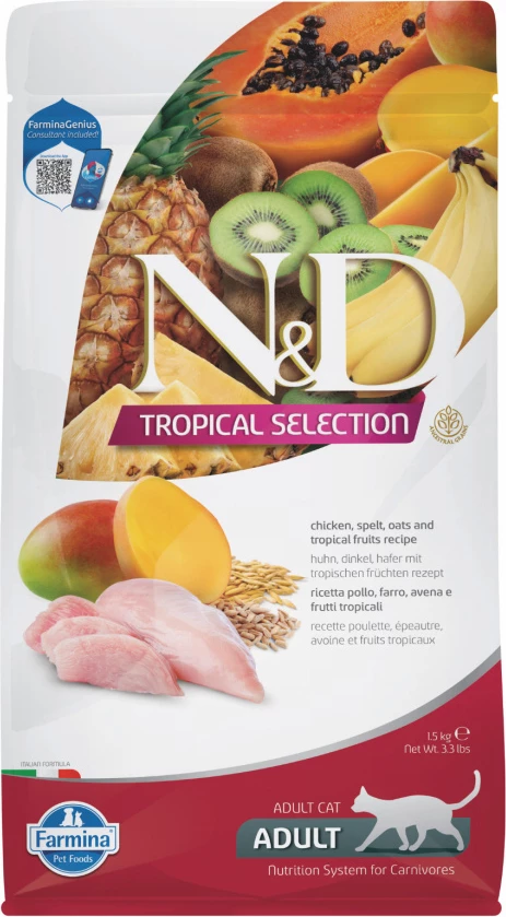 N&D Zgjedhja Tropikale Mëngjesi me Pulë dhe Fruta Tropikale për Macen e Rritur 1,5kg