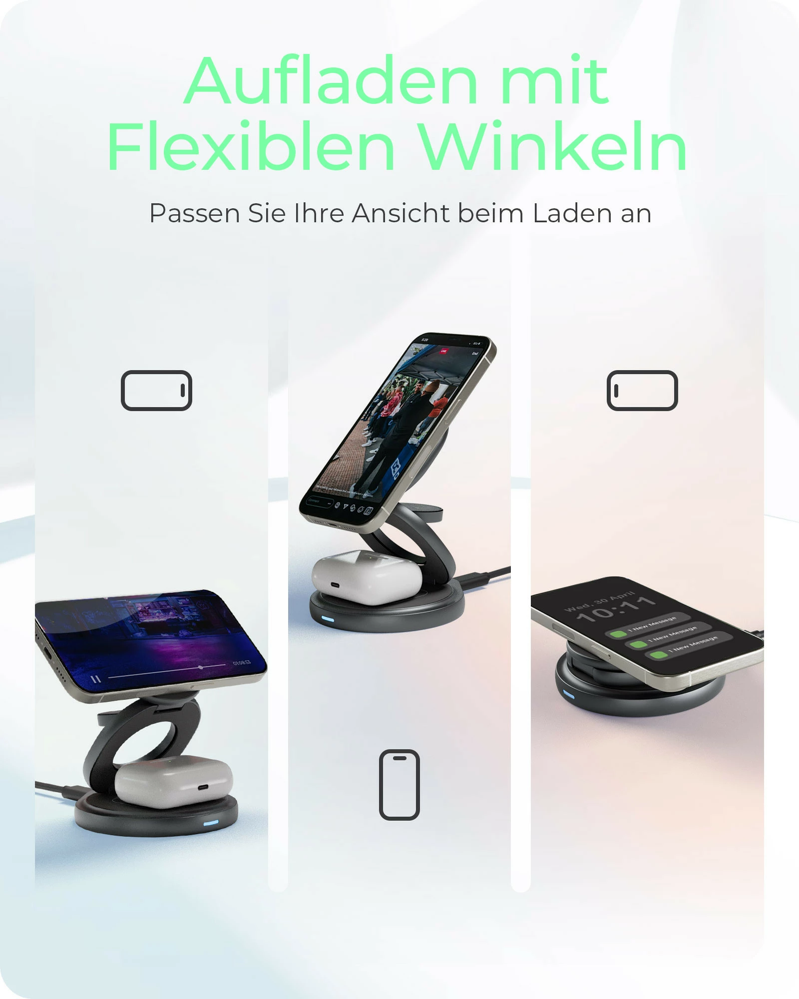 Stacion karikimi magnetik ICY BOX 3-në-1 për iPhone/Apple Watch/AirPods, USB-C PD 15W, palosës, antracit/gri