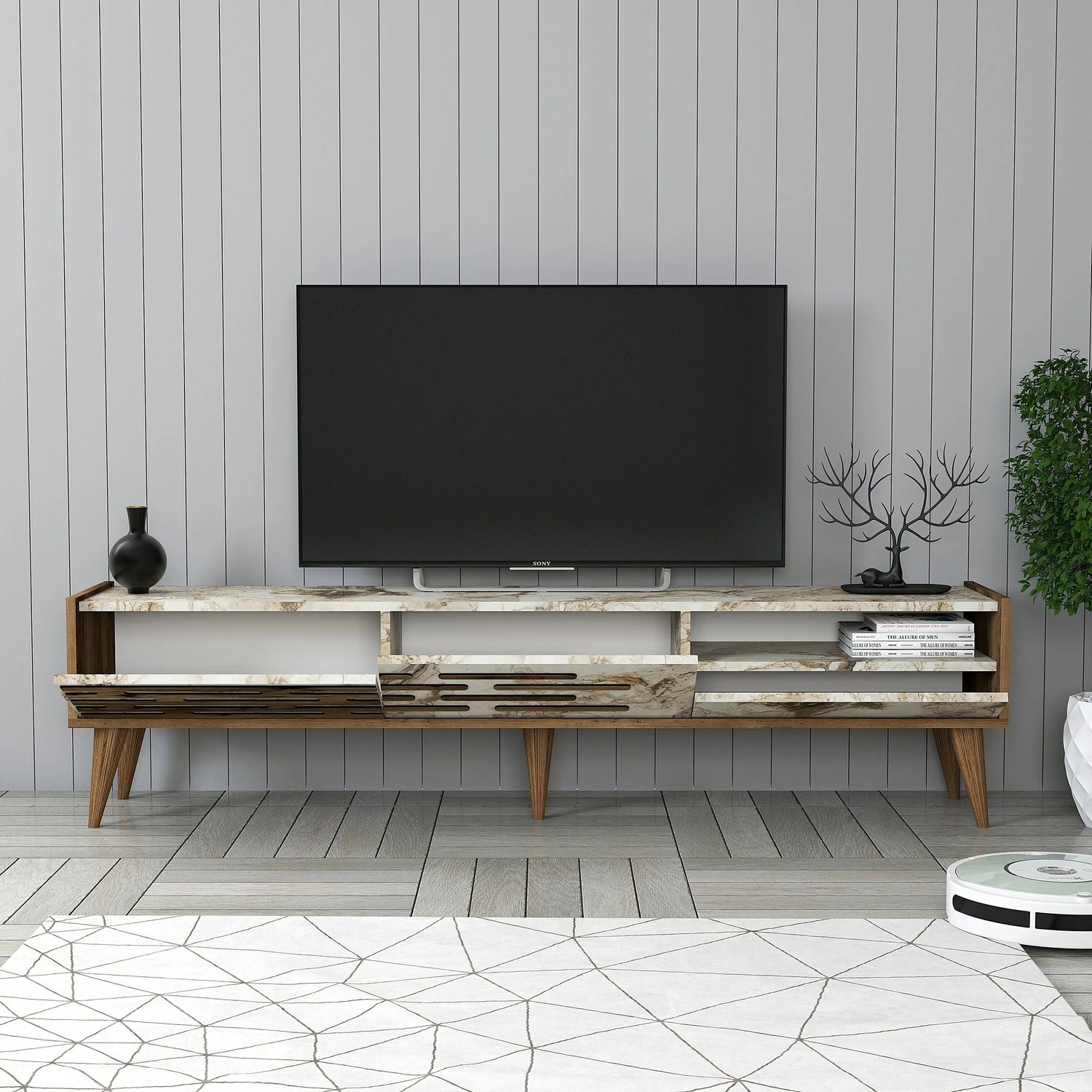 Komodë TV Hanah Home, Valensiya, ngjyrë arre, e bardhë, mermer