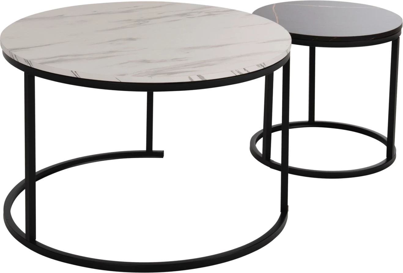 Tavolina kafeje FH8763.14 set 2 copë MDF pamje mermeri ngjyrë e përzier me këmbë të zeza Φ80-Φ48cm