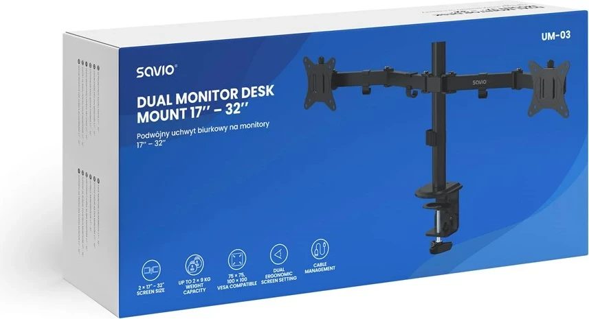 Mbajtëse tavoline për dy monitorë Savio UM-03, 17-32 inç, e zezë