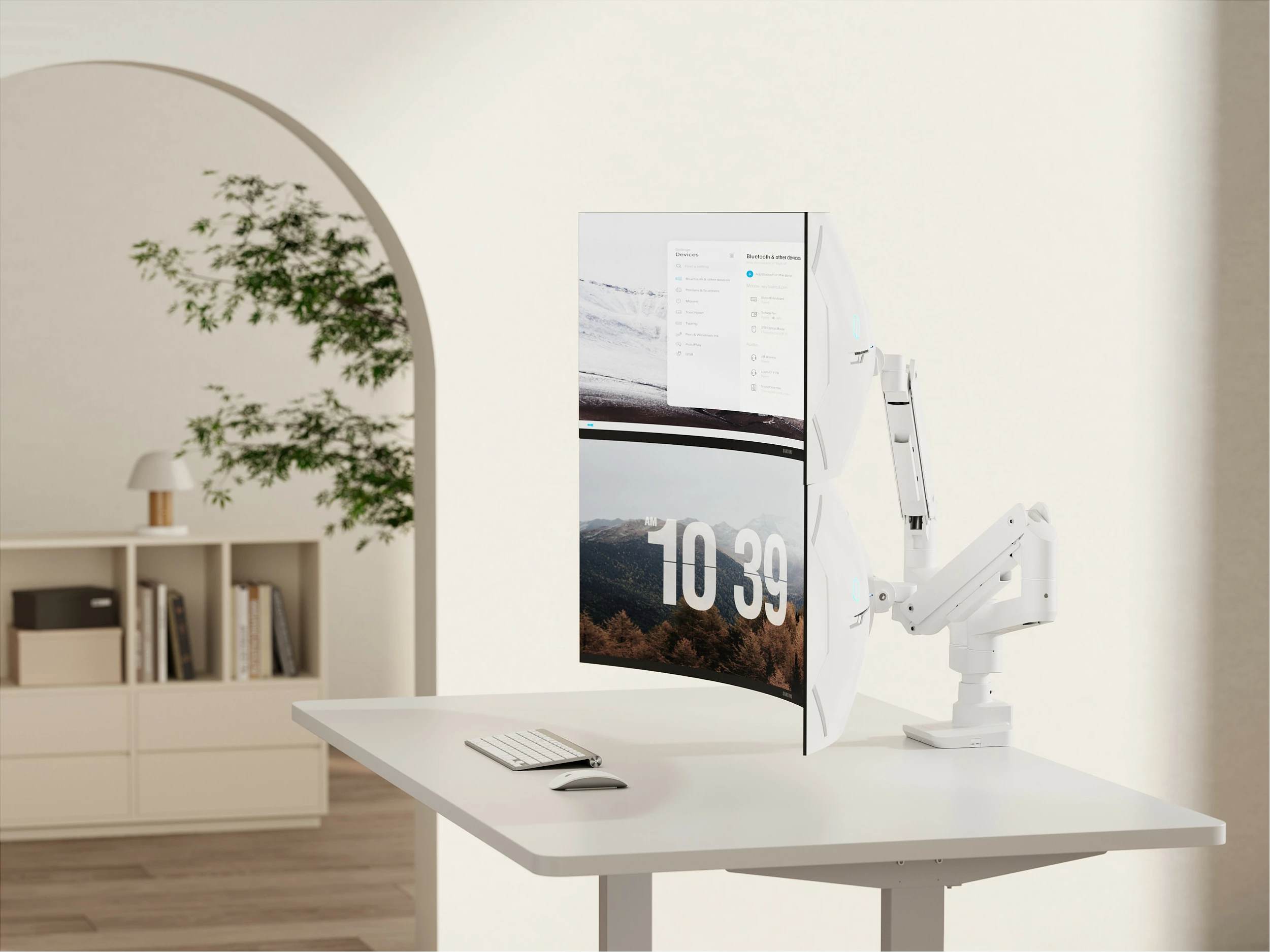 Mbajtëse tavoline për 2 monitorë Equip 2TFT, 17-35 inç, 360°, Gas Spring, VESA 75x75/100x100, 20kg për monitor, e bardhë