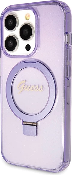 Mbështjellës Guess Ring Stand Script Glitter MagSafe për iPhone 13 Pro/13, vjollcë