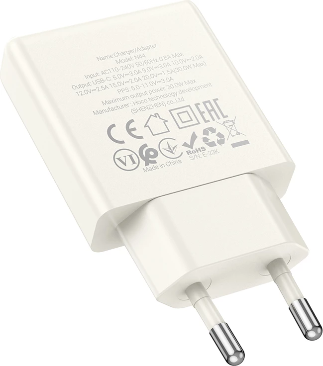 Adapter karikues USB-C HOCO N44 Biscuit PD 30W (EU plug), e bardhë, 1 copë