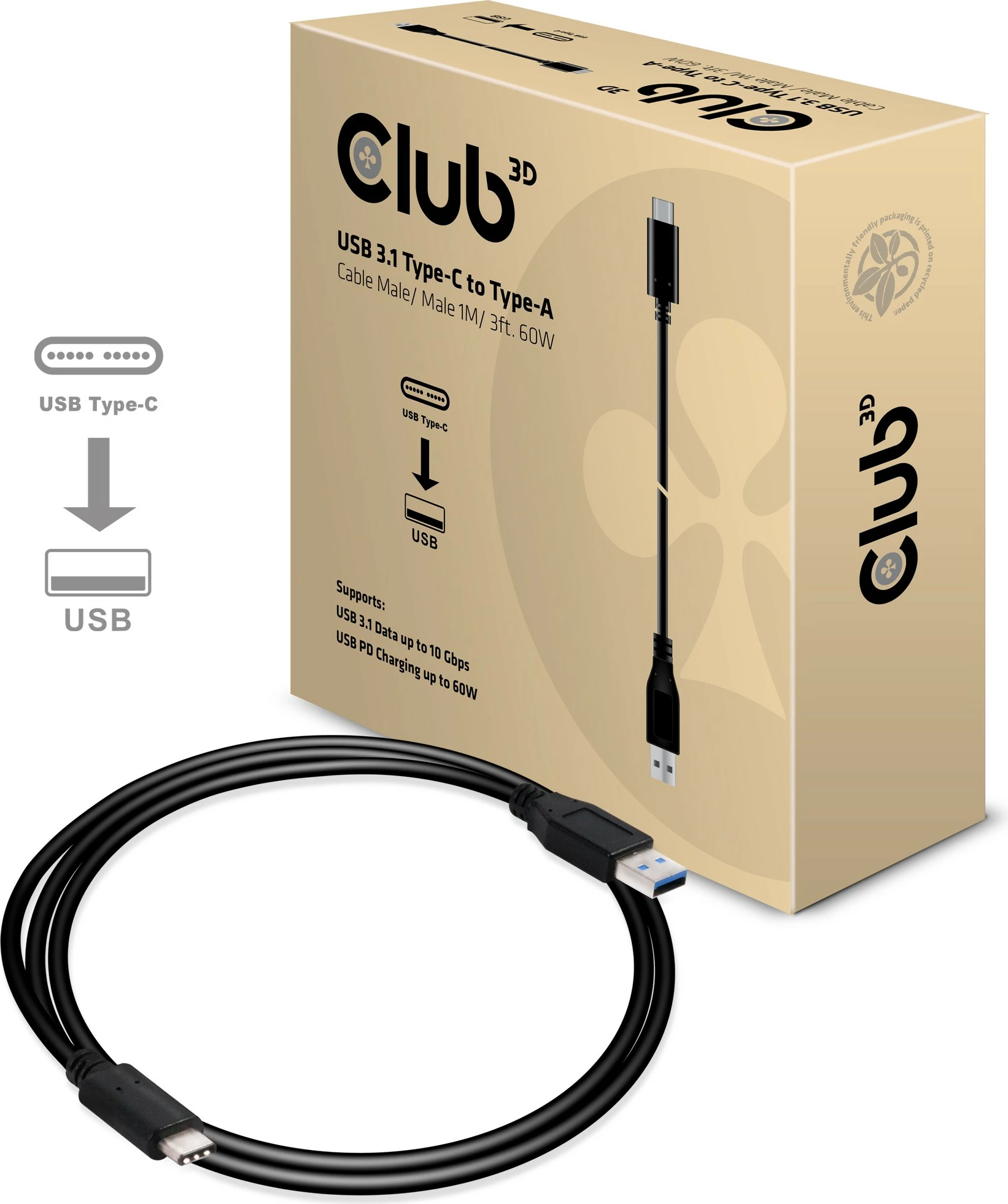 Kabllo USB Club3D USB 3.1 Type-C në Type-A 1m e zezë