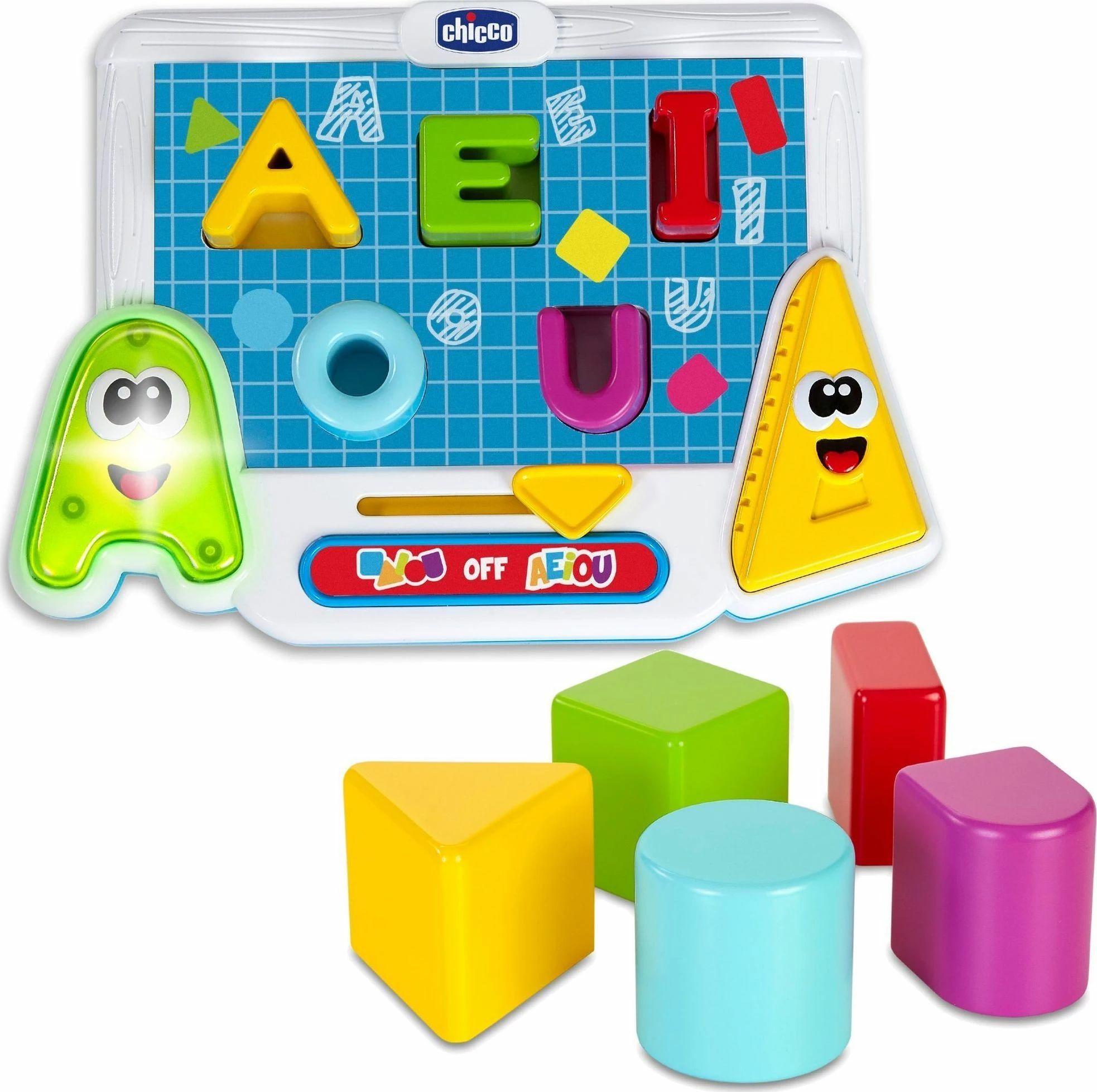 Lojë edukative interaktive Chicco Colorful Vowels and Shapes, me tinguj, me zanore dhe forma, 3xAAA, shumëngjyrëshe