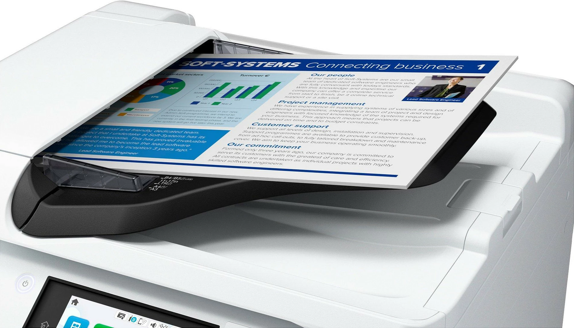 Printer multifunksional Epson WorkForce Pro EM-C8100RDWF, inkjet me ngjyra, A3, duplex, Wi‑Fi/Ethernet, i bardhë