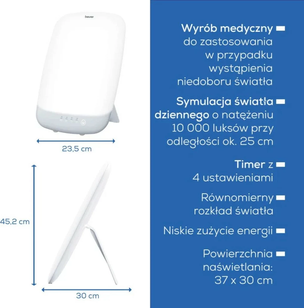 Lampë dite terapike, Beurer, TL85, LED 10000 lux në 20 cm, sipërfaqe 30x37 cm, timer 30/120 min, me bazë të heqshme, argjendtë/bardhë