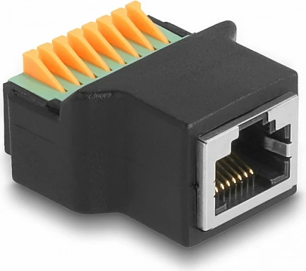 Adapter DeLOCK RJ45 female në Terminal Block me buton, 300 V, i zi/jeshil