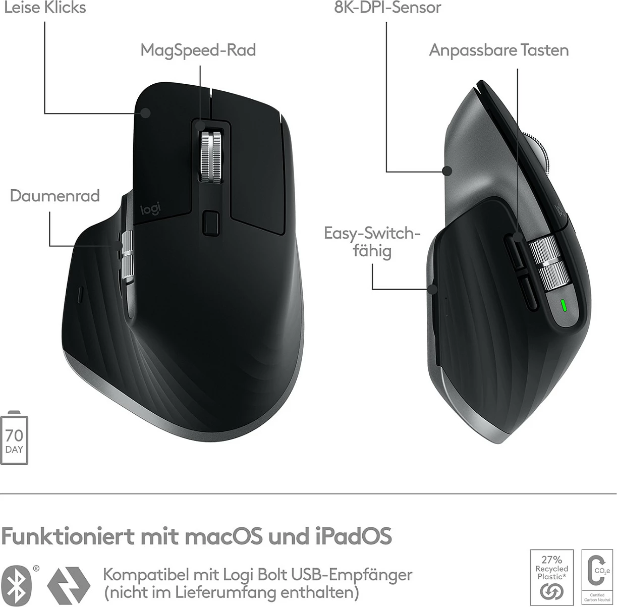 Maus Logitech MX Master 3S për Mac, Wireless, 8000 DPI, E zezë, Argjendtë