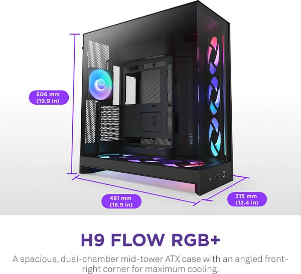 Kasë NZXT H9 Flow RGB+, Midi Tower ATX/EATX, Tempered Glass, Mesh, RGB, e zezë