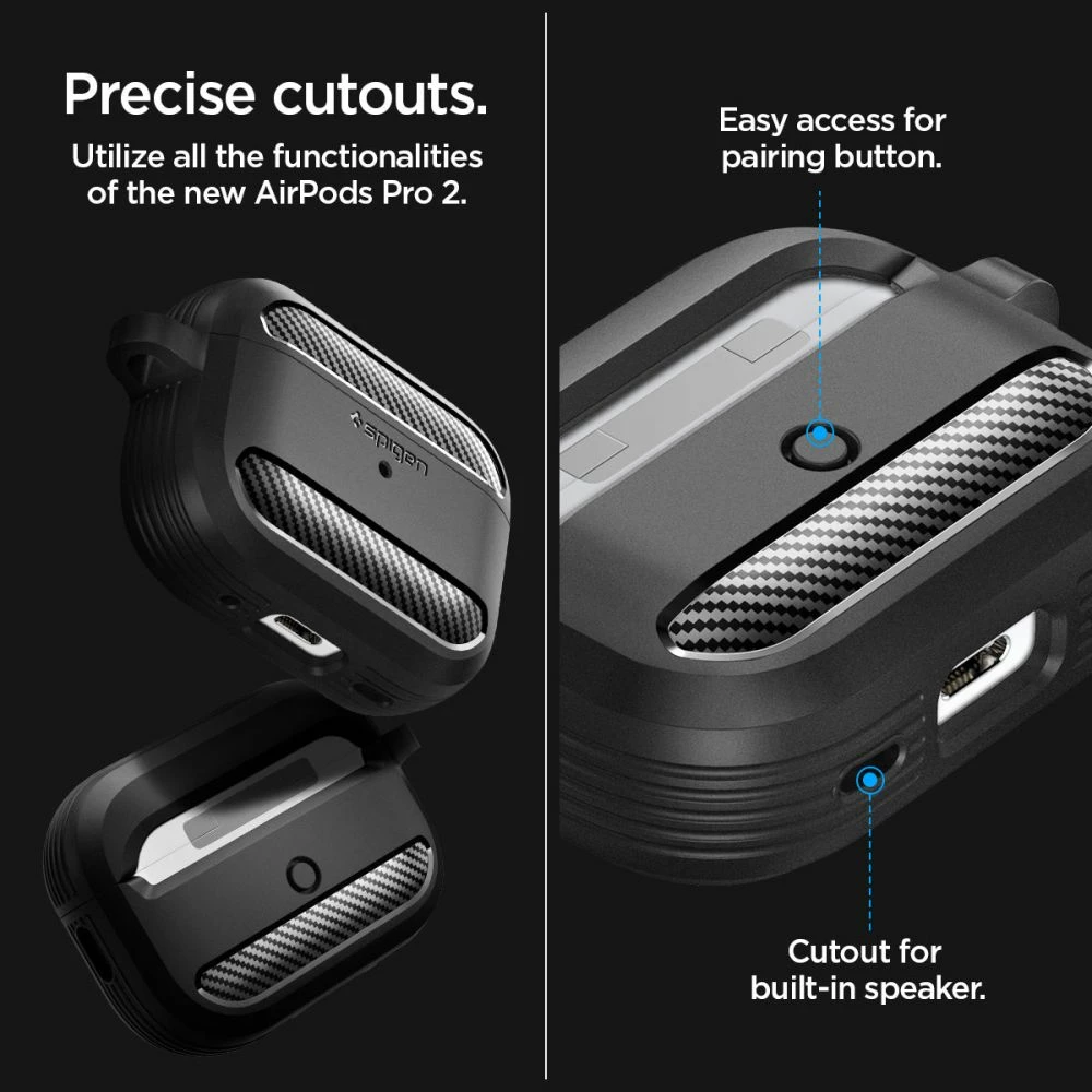 Mbështjellës Spigen Rugged Armor për AirPods Pro 1/2, me karabiner, i zi