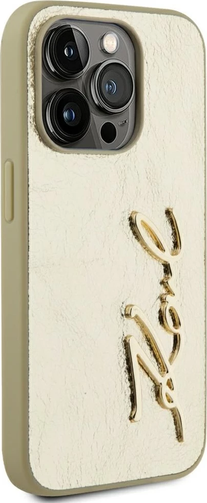 Mbështjellës Karl Lagerfeld Wrinkled Metal Signature për iPhone 15 Pro Max, Gold