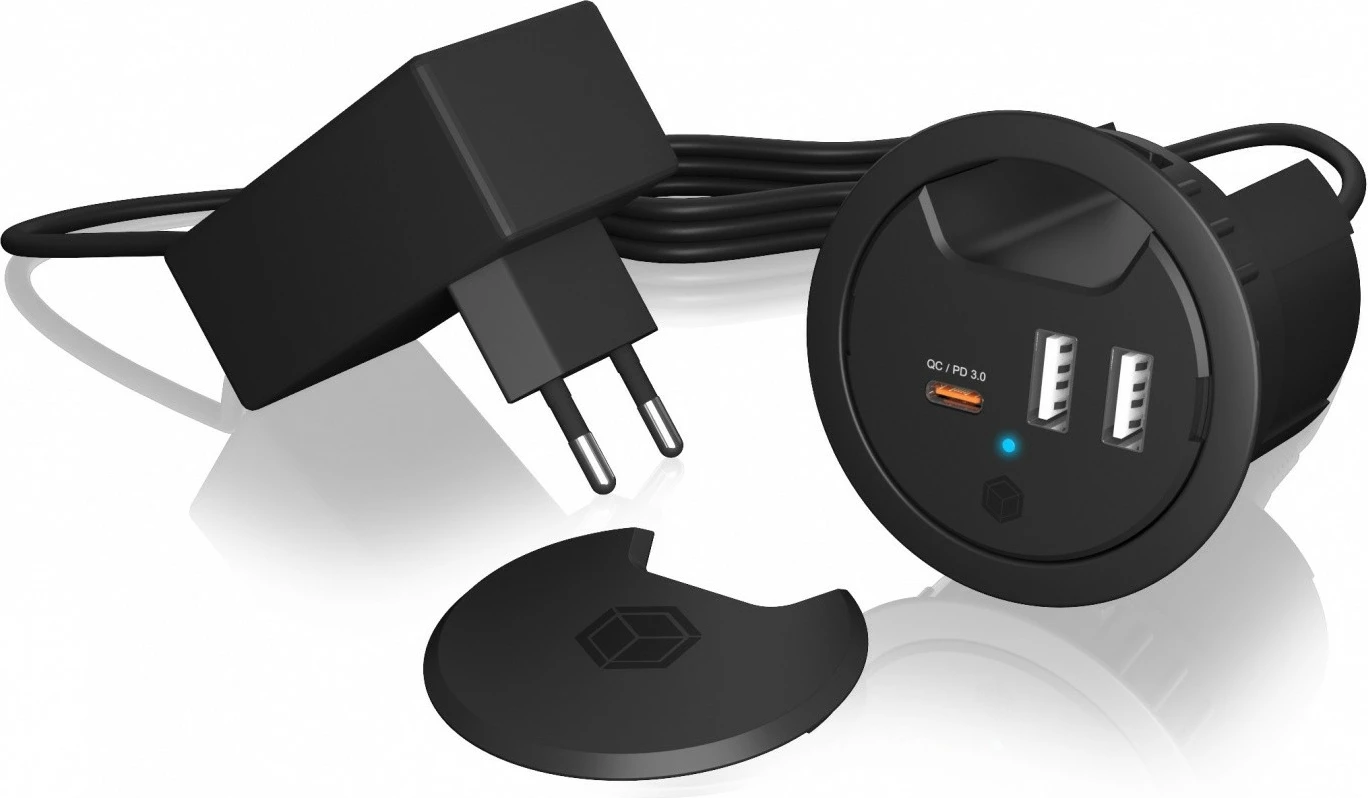 Karikues tavoline IcyBox IB-HUB1407 me 3 porta USB, 2x USB-A, 1x USB-C, 60mm, Zi