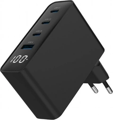 Karikues Gembird TA-UC-PDQC100LCD-01-BK për laptop e celular, 100W, i zi