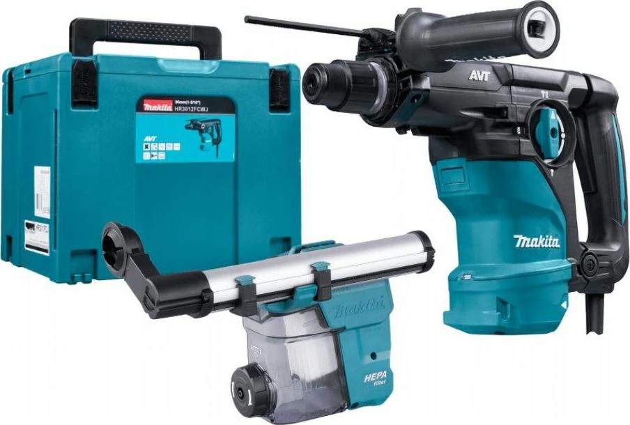Çekiç shpues rrotullues Makita HR3012FCWJ 1050 W SDS-Plus me Makpac dhe sistem pluhuri DX11, blu-jeshile