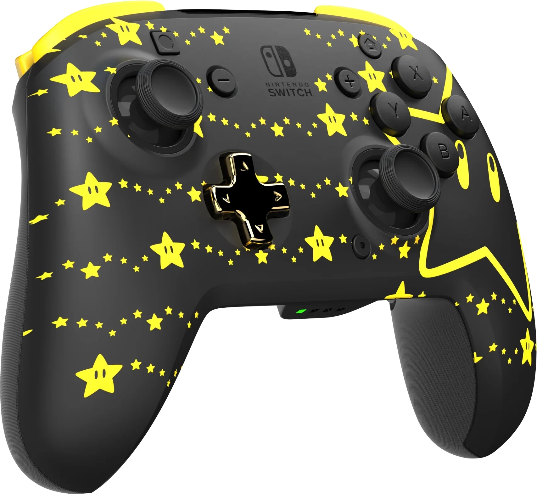 Kontroller pa tela PDP REMATCH GLOW Super Star për Nintendo Switch, bateri 40 orë, butona mbrapa të programueshëm, glow-in-the-dark, i zi/verdhe