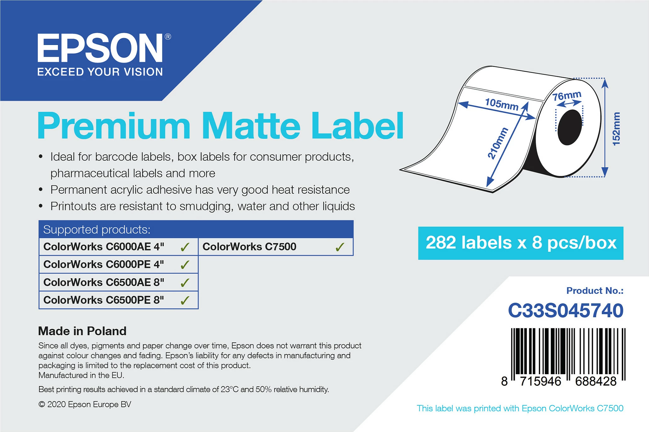 Etiketa mat premium Epson C33S045740, rrotull 105mm, 282 etiketa, 8 copë/kuti