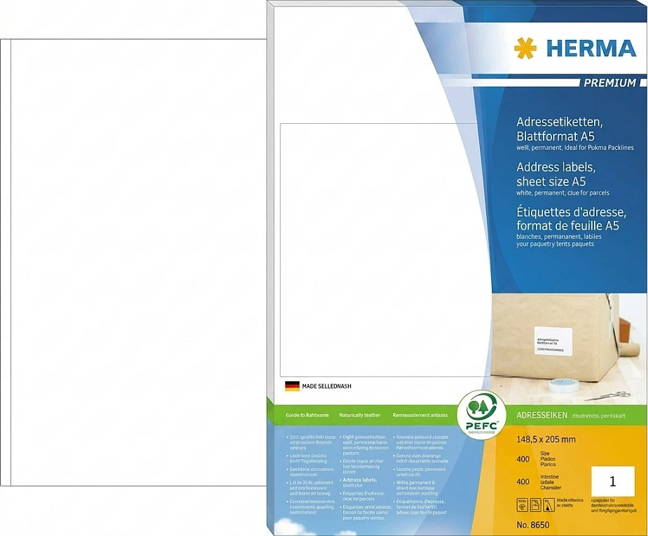 Etiketa adrese HERMA A5 148,5x205 mm, 400 copë, të bardha