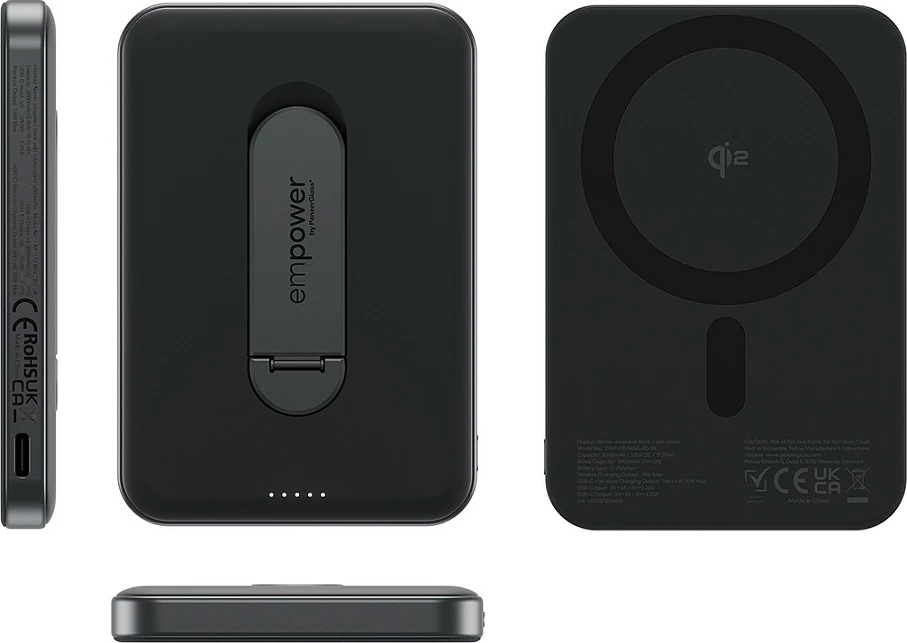 Power bank PanzerGlass empower bank 5000mAh, Qi2/MagSafe, spin stand, Space Black