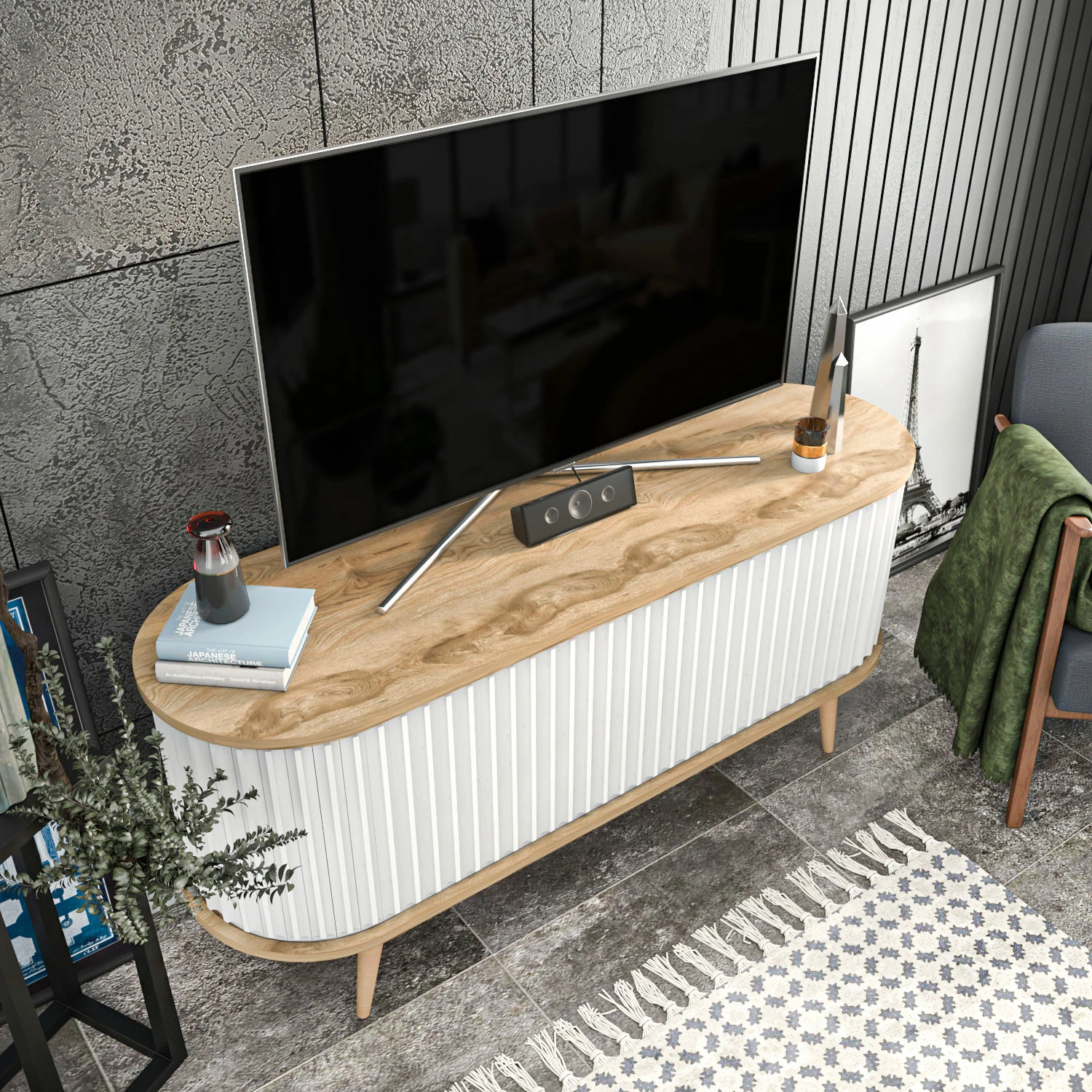 Komodë TV Hanah Home, ngjyrë lisi Oud, e bardhë