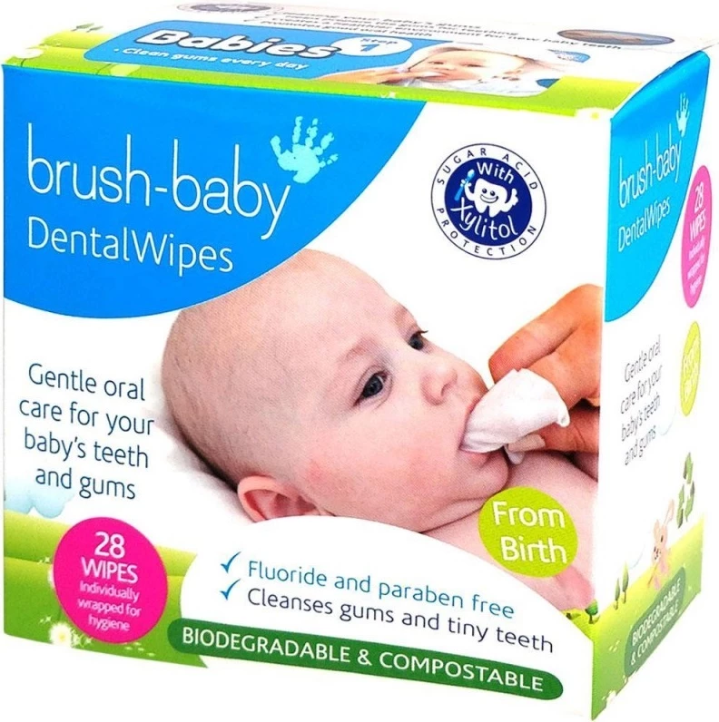 Shami për pastrim dhëmbësh dhe mishit të gojës Brush-Baby DentalWipes për fëmijë, 28 copë